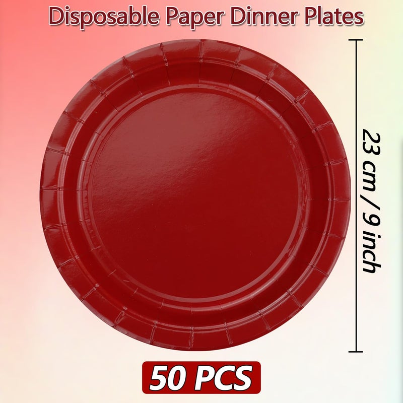 PTECDROTS 50 Pcs Red Paper Plates, 9 Inch Paper Plates Christmas Plates Dinnerware Round Dinner Plates for Red Christmas Party Supplies Daily Use Wedding Birthday Parties Supplies - Image 2